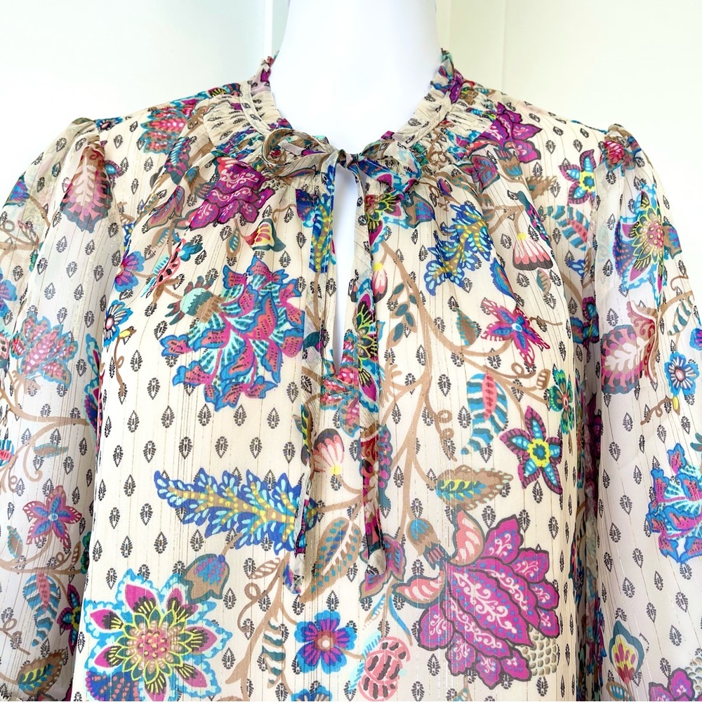 LOFT Ann Taylor Chiffon Bohemian Blouse Shimmer Vine Smocked Ruffle Tie Neck - Picture 5 of 16